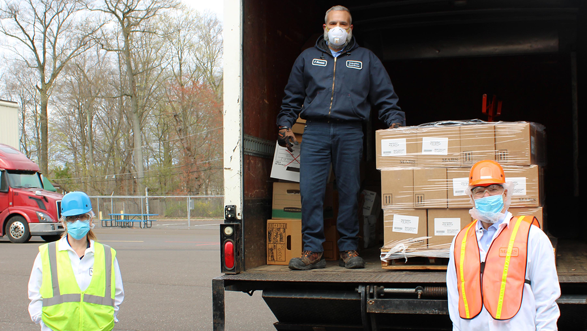 Mars Fishcare Associates preparing deliveries of hand sanitizer for frontline workers fighting coronavirus.
