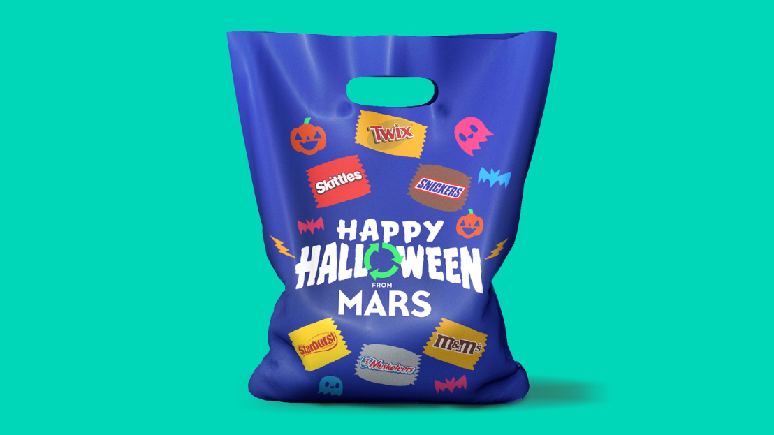 Mars recyclable Halloween bag with various candy logos 