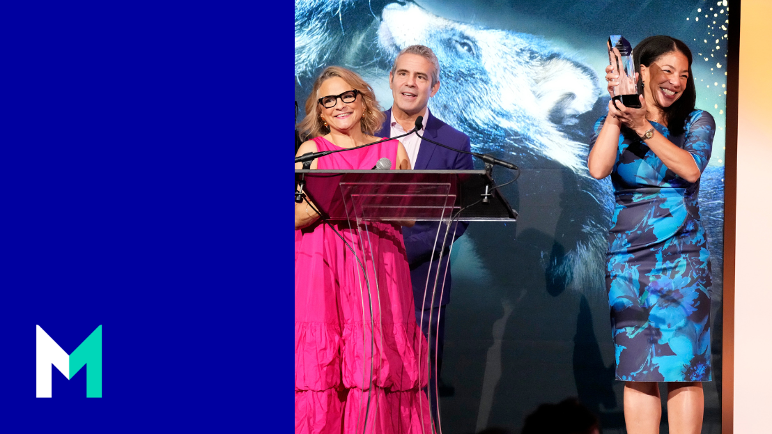 Presenter Amy Sedaris and host Andy Cohen present the HSUS Corporate Consciousness Award to Nefertiti Greene, President of Science & Diagnostics at Mars Petcare, accepting on behalf of Mars.