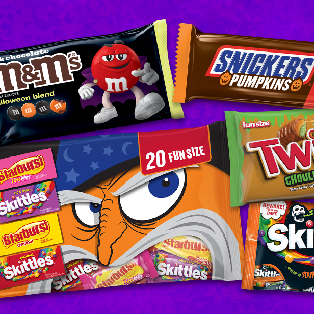 A selection of Mars Halloween candy: Snickers, Twix, Skittles and M&M'S