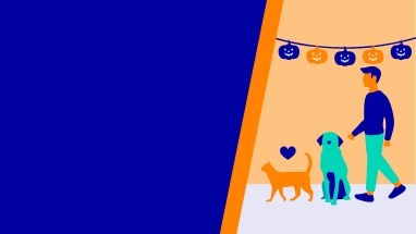 Animated person, dog and cat with blue and orange halloween banner