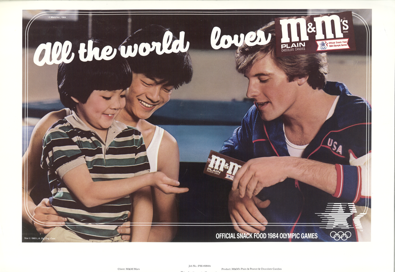 M&M’s® official snack food of 1984 Olympic Games advertisement showing Olympian giving child M&M’s® candy
