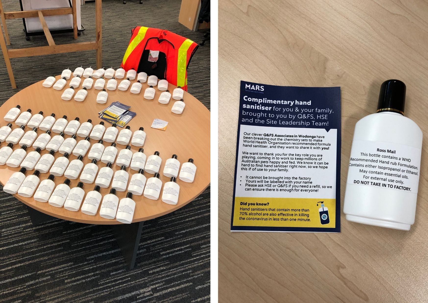 Small bottles hand filled and labelled for each Associate