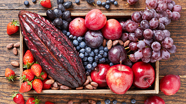 Cacao pods with various fruits on a table