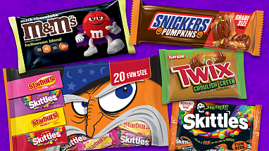 A selection of Mars Halloween candy: Snickers, Twix, Skittles and M&M'S