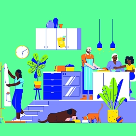 Illustration of family and pets together in a kitchen