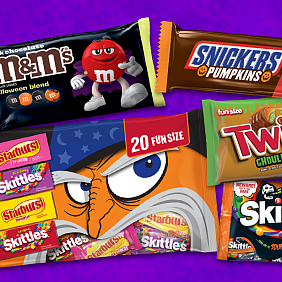 A selection of Mars Halloween candy: Snickers, Twix, Skittles and M&M'S