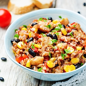 A bowl of rice and vegetables