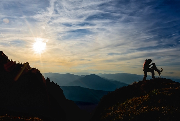 Person with a dog on a mountain
